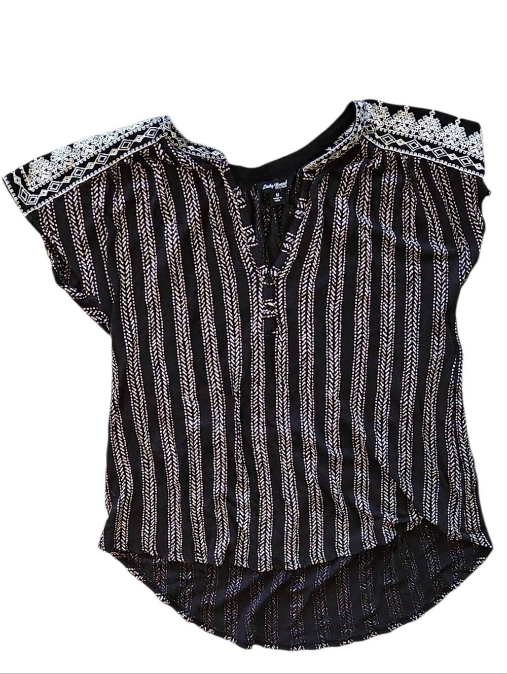 Lucky Brand Black and White Striped Short Sleeve Top Size Medium Western Boho